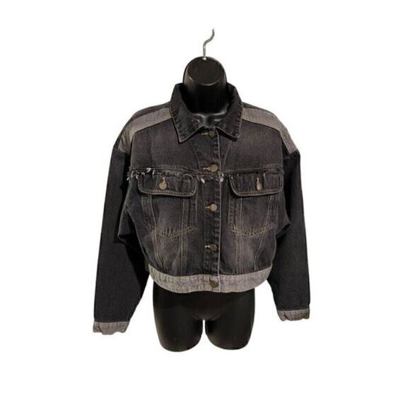 Shien Jackets & Blazers - Shein Women’s Black Cropped Denim Jacket Small Distressed Frayed Hem Pockets